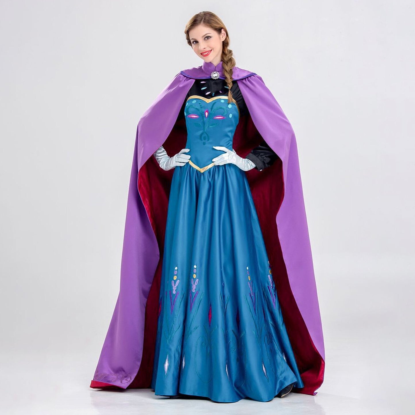 KAWELL Women Princess Costume and Cloak 5'8" Blue Halloween Dress with Luxury Embroidery (4 Pieces)