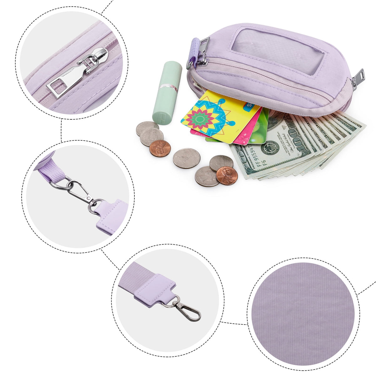 URSOFINE Small Nylon Wristlet Wallet for Women – Zip-Around Mini Coin Purse with Clear ID Window & Detachable Strap, Lightweight Card Holder for Travel, Gym & Everyday Use （Black）