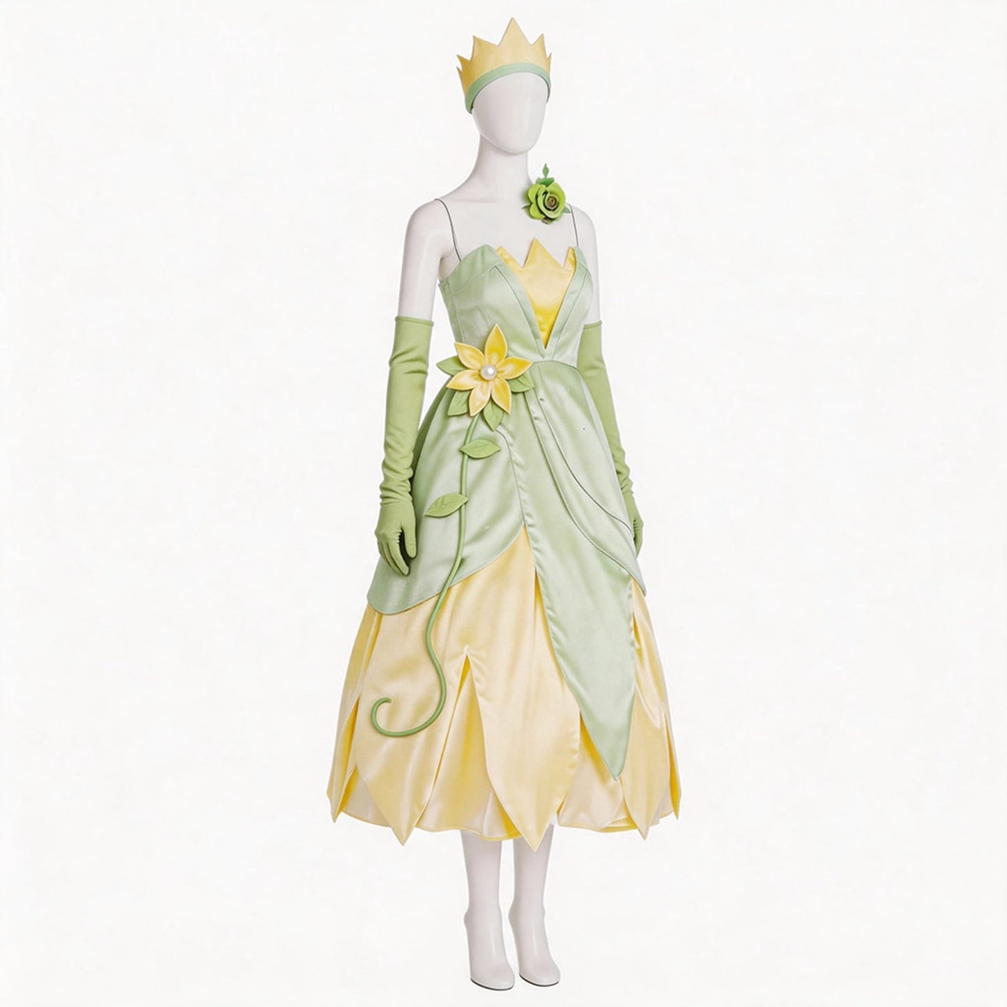 URSOFINE Princess Tiana Costume Women Green Flower Headband Gloves Halloween Fairy Dress Cosplay Outfits