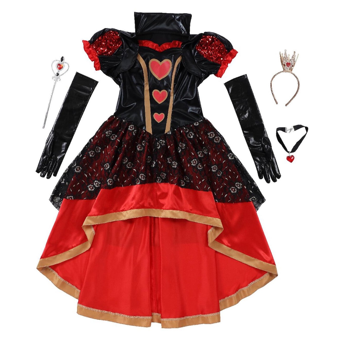 URSOFINE Women's Heart Queen Costume Set, Black Red Lace High Low Dress with Crown Gloves for Halloween Fancy Dress Party