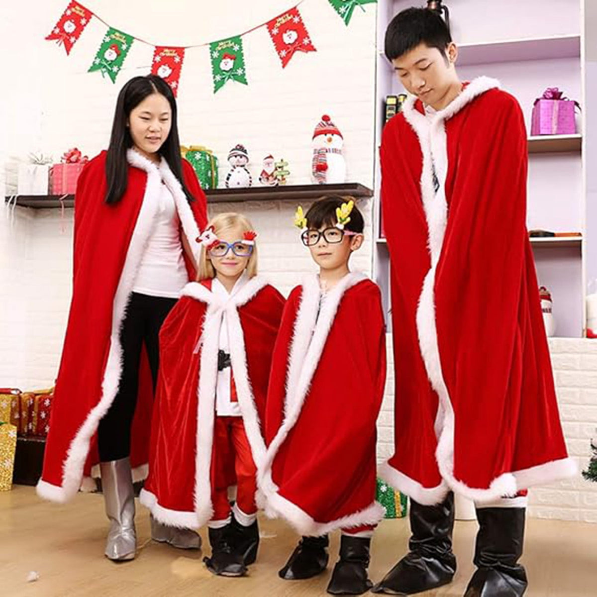 KAWELL Adult Christmas Santa Claus Robe Hooded Cloak, Mrs Santa Claus Velvet Hooded Cape Christmas Robe