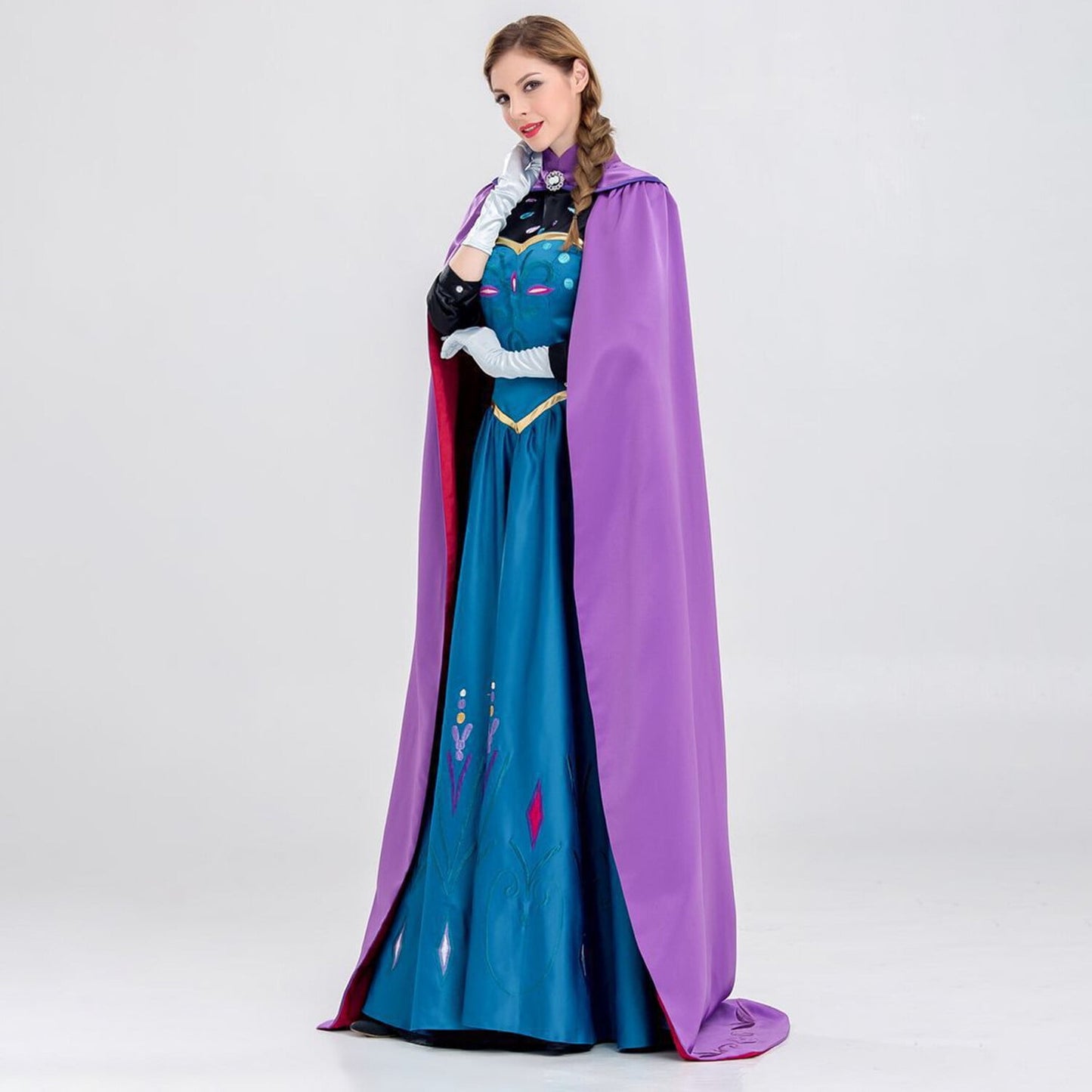 KAWELL Women Princess Costume and Cloak 5'8" Blue Halloween Dress with Luxury Embroidery (4 Pieces)