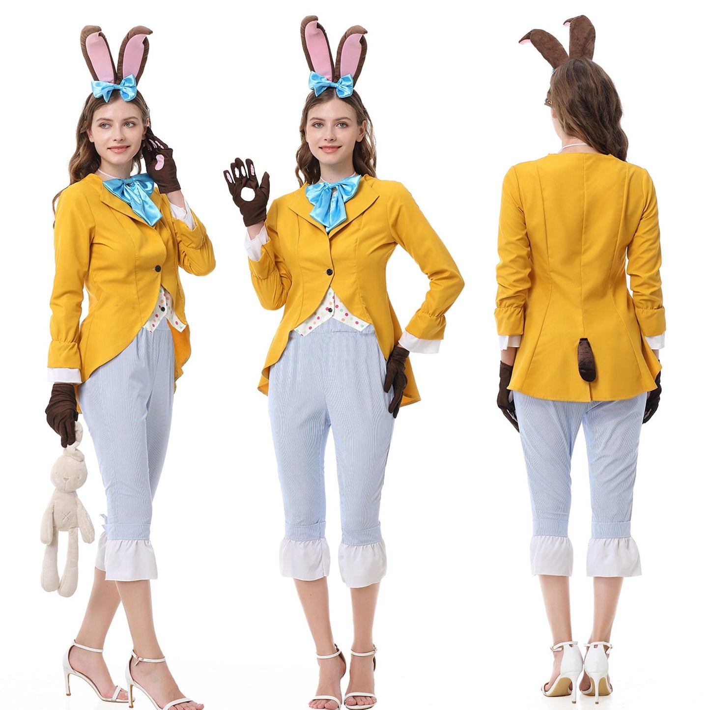 URSOFINE Women's Bunny Gentleman Costume Set, Yellow Jacket Outfit with Bunny Ears for Halloween Fancy Dress Party