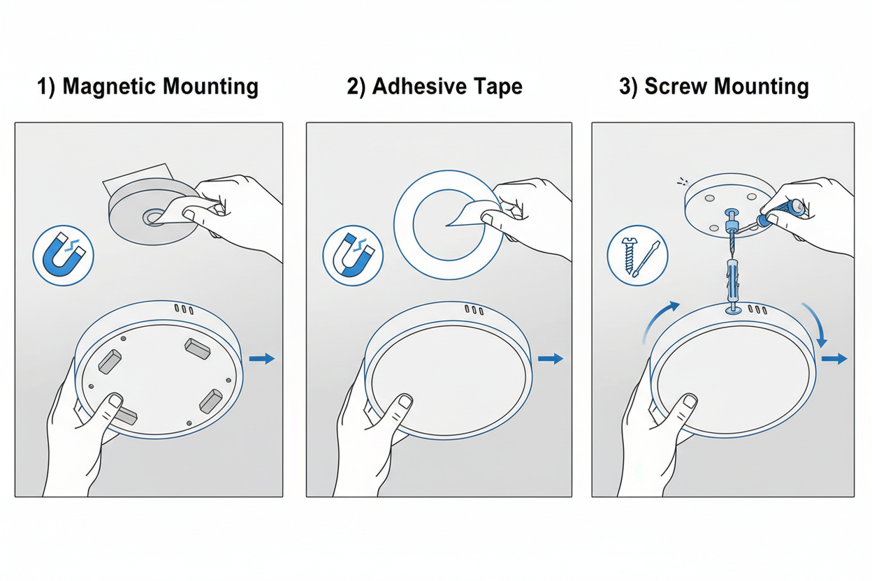 Easy installation - 3 mounting methods for battery ceiling light