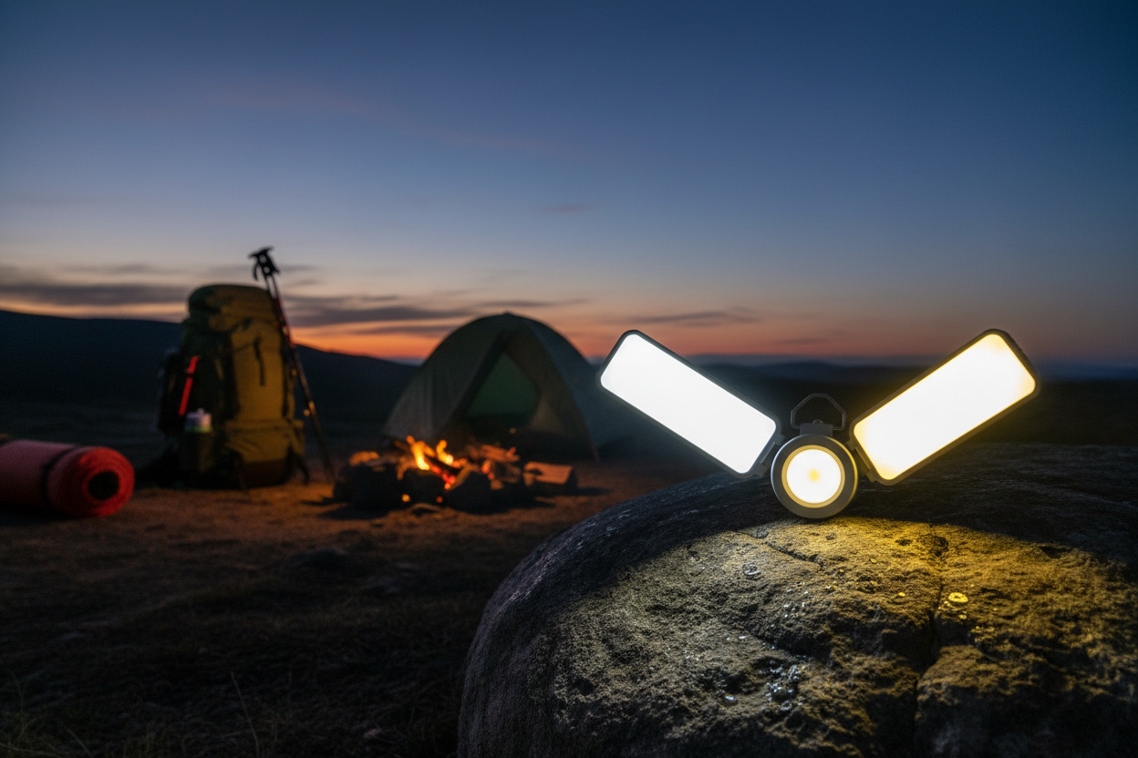 LY23 three-leaf LED camping light unfolded outdoors at dusk