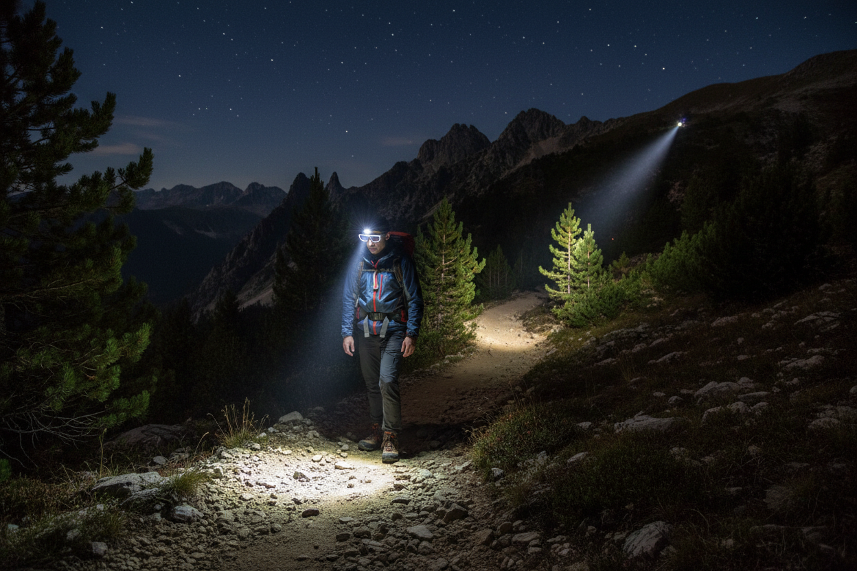 Person wearing SY5865 glasses headlight hiking at night on mountain trail