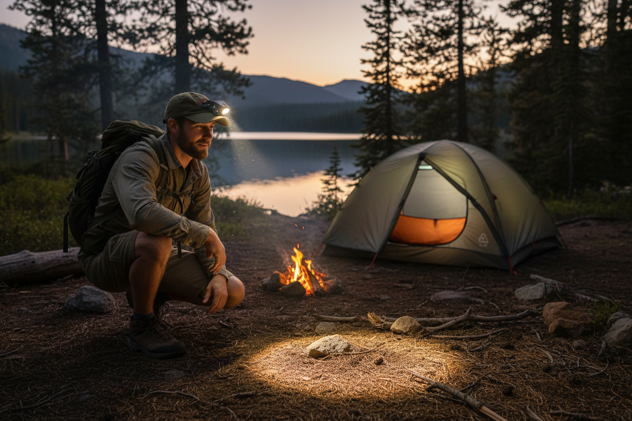 Compact LED flashlight being used during outdoor camping at dusk