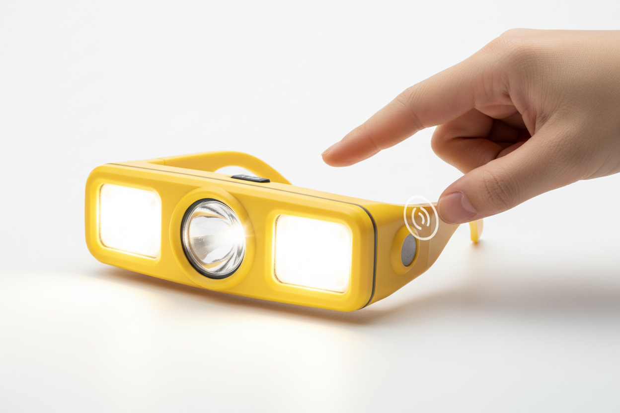 SY5865 yellow glasses LED headlight product detail showing XTE and COB panels