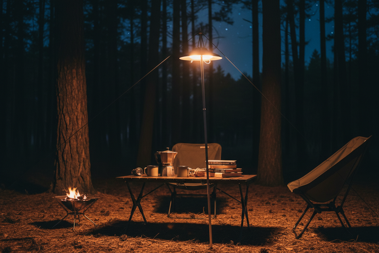 LY23 foldable camping lantern hanging at campsite glowing warm light