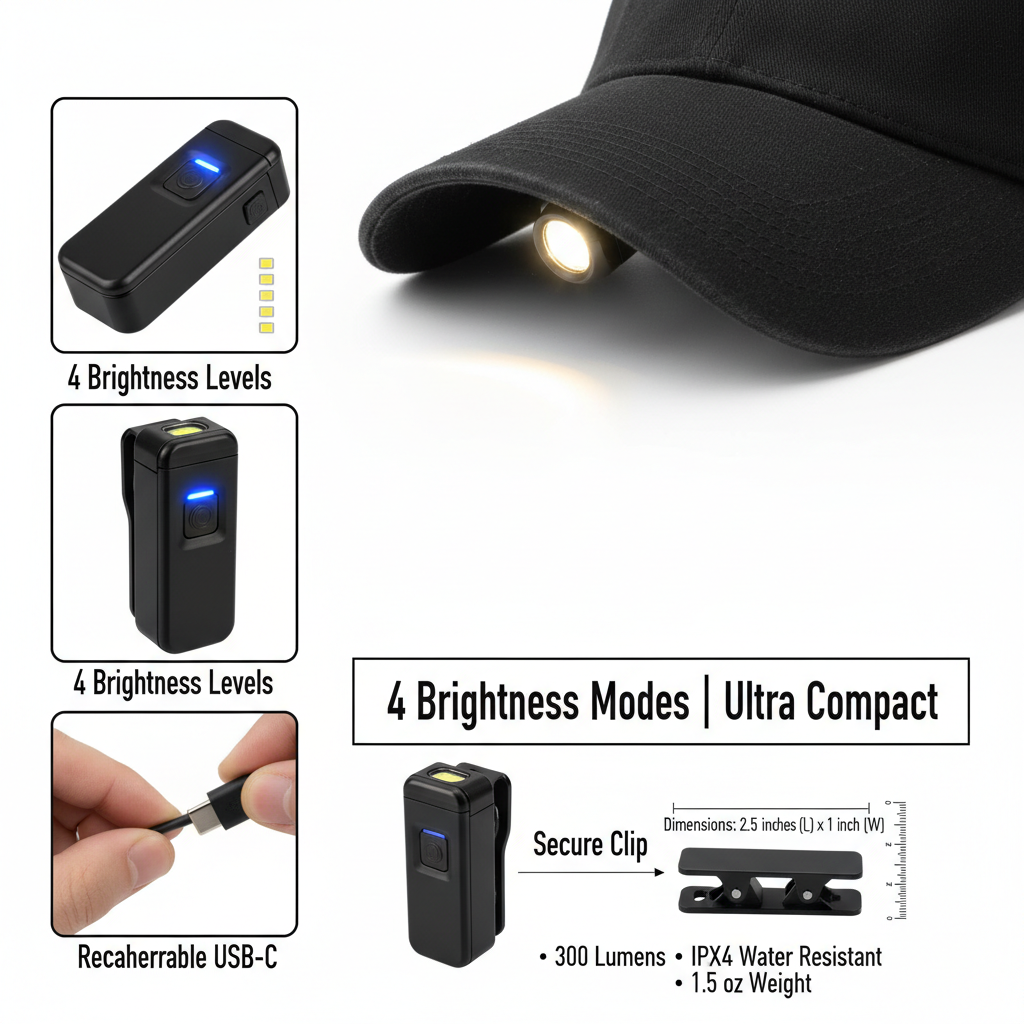 Rechargeable LED clip flashlight showing 4 brightness modes and clip mechanism