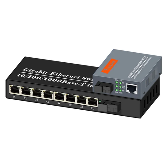 Gigabit Fiber Converter Set 1 Fiber 8 Port Switch + 1 Fiber 1 Port Media Converter 25KM - UK Plug