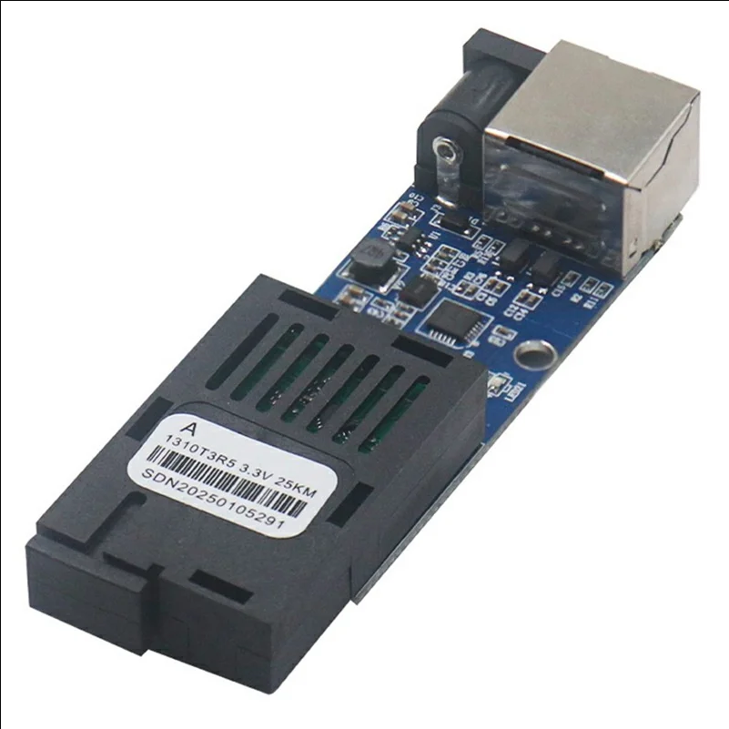 100Mbps Fiber Optic Transceiver Single Mode Single Fiber 25km SC + RJ45 PCBA Board LED Indicators Converter for Network Extension Communication Monitoring